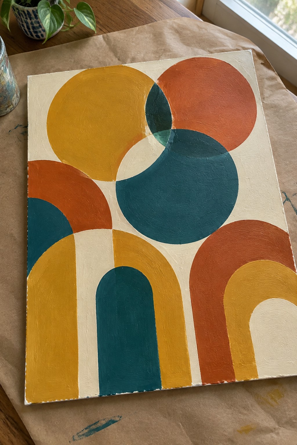 Abstract painting with overlapping yellow, orange, and teal circles and arches on white canvas