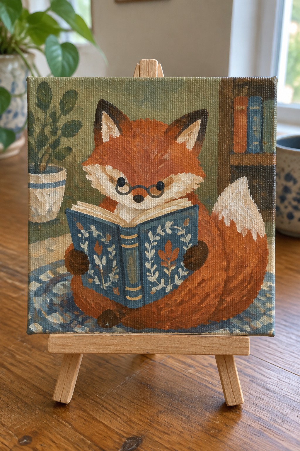Orange fox with glasses reading a blue floral book on a wooden easel