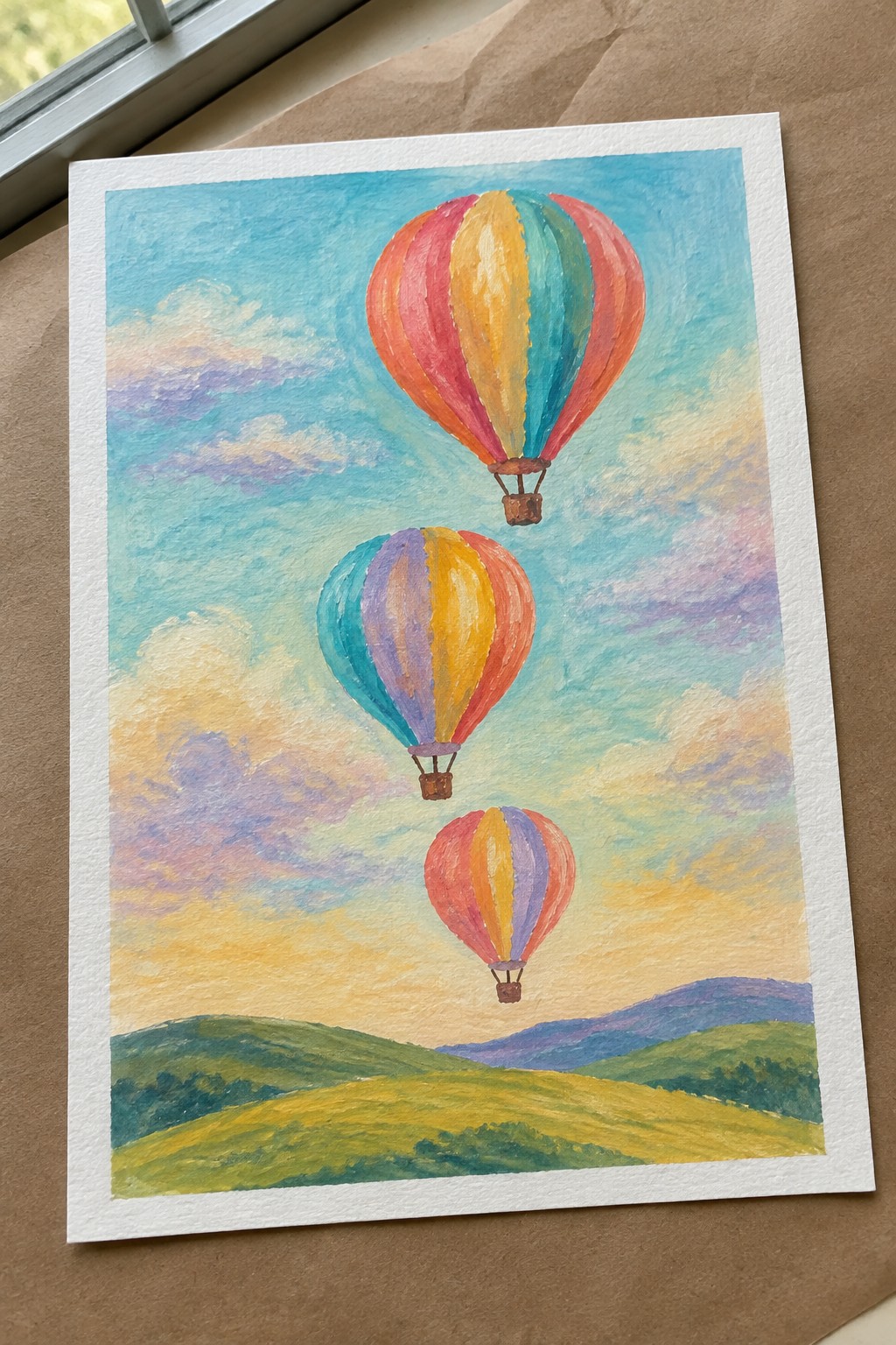 Three colorful striped hot air balloons float over green hills in a watercolor painting.