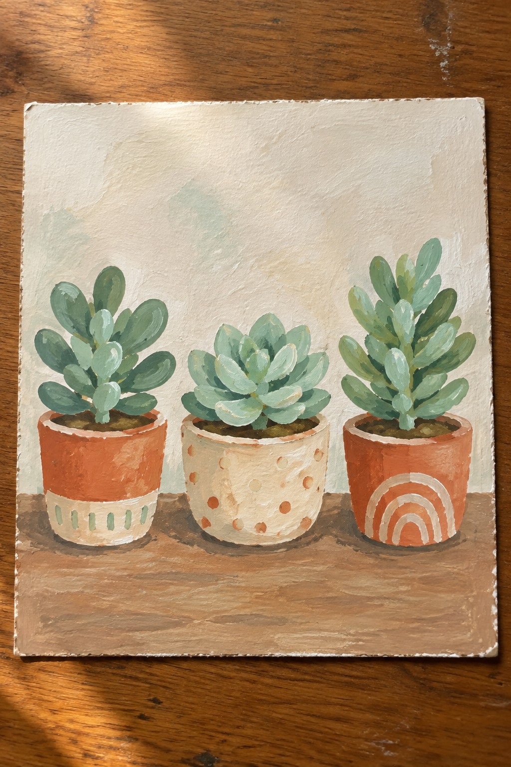 Three succulents in patterned terracotta pots on a wooden surface.