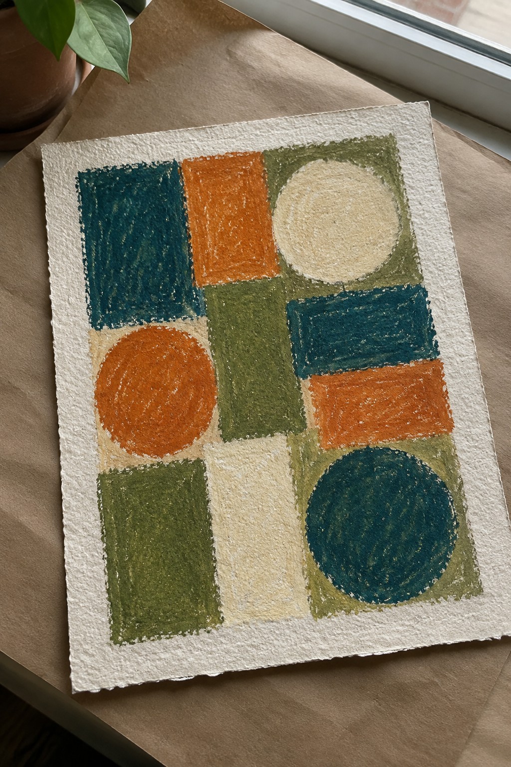 Abstract artwork with teal, orange, green, and beige geometric shapes on textured paper.