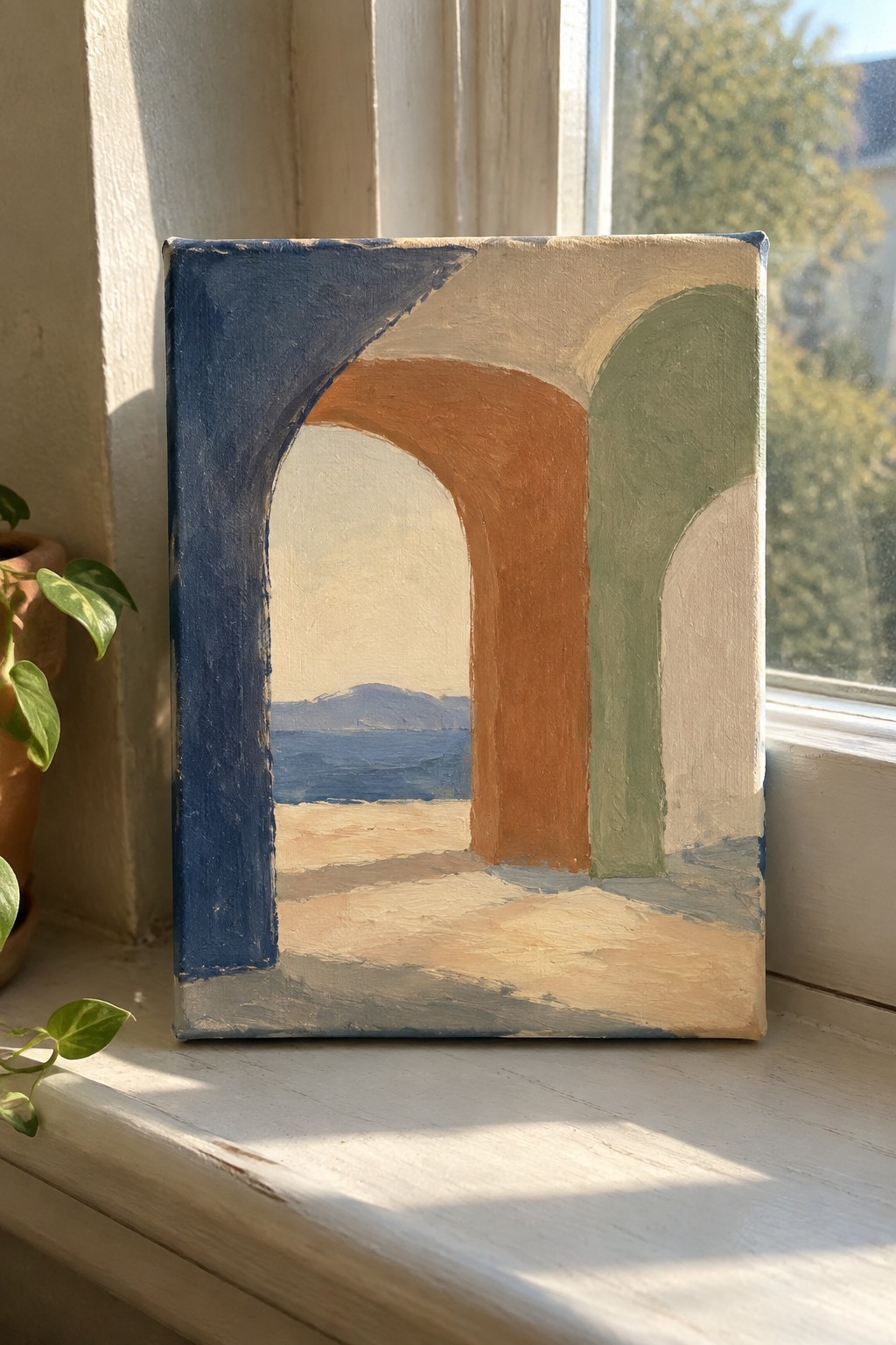 Abstract painting of blue, orange, and green arches framing a seascape on windowsill