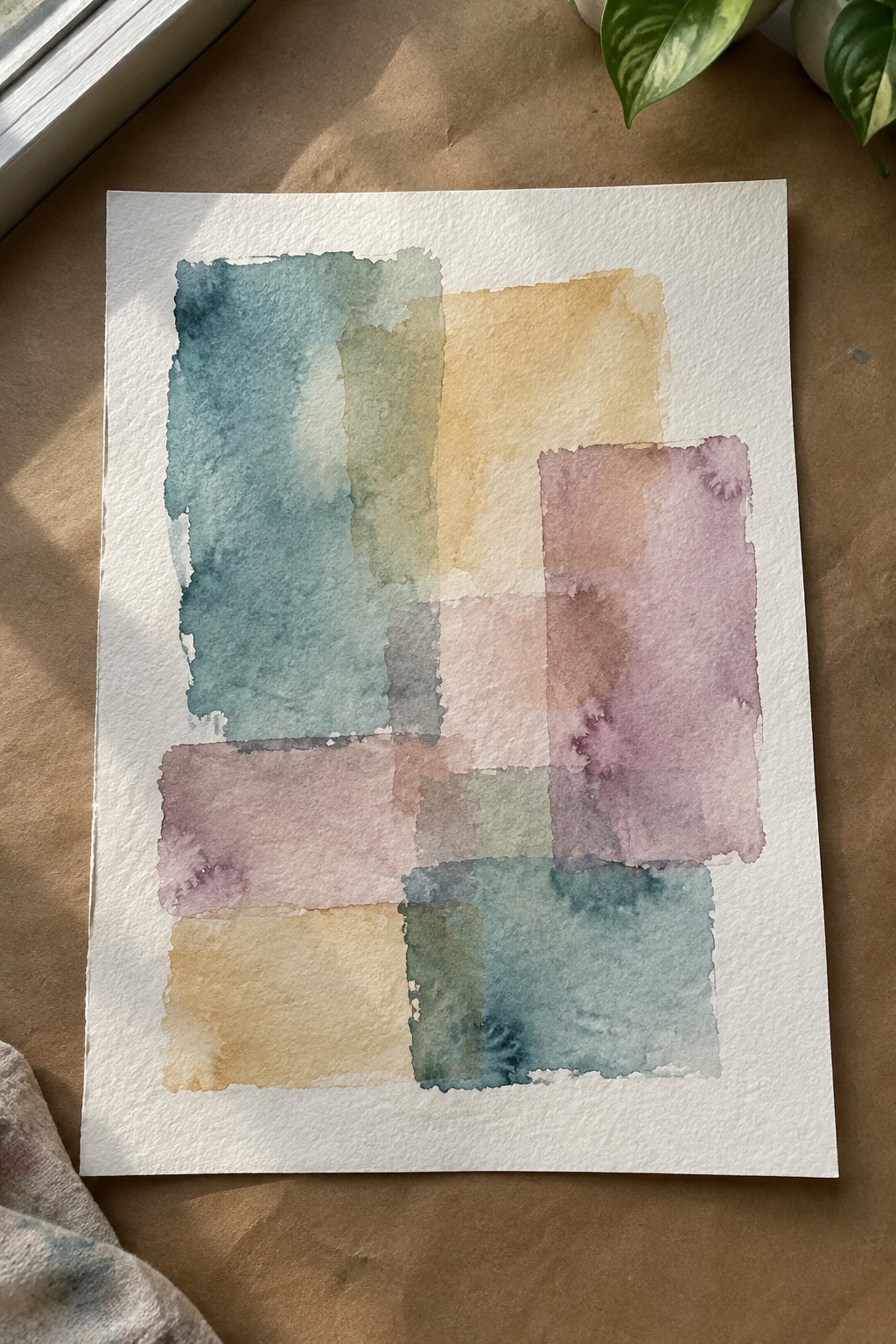 Abstract watercolor painting with overlapping blue green yellow pink shapes on white paper