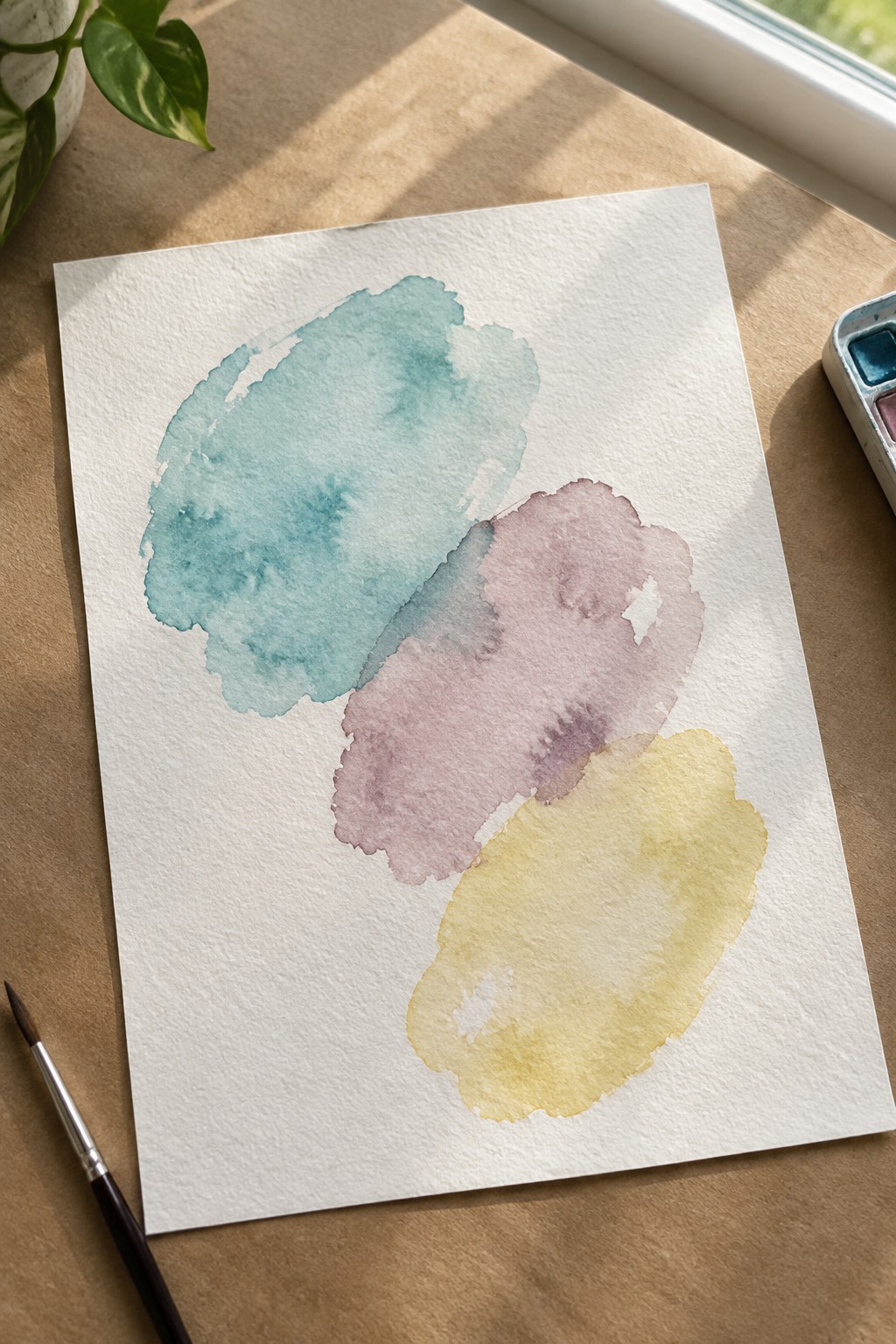 Watercolor painting on white paper with three overlapping abstract shapes in teal, purple-pink, and yellow, plus a paintbrush at the bottom left.