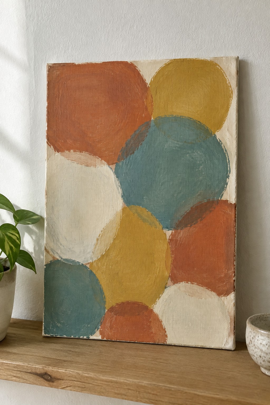 Abstract painting of overlapping circles in orange, yellow, teal on wooden shelf