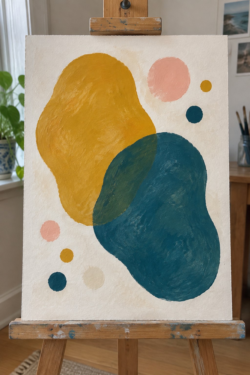 Abstract painting with large yellow and teal shapes plus small pink and blue circles on easel.