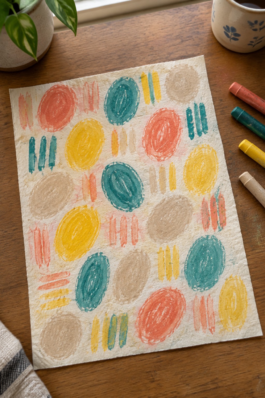 Colorful abstract circles and strokes in crayon on textured paper atop wooden table with supplies