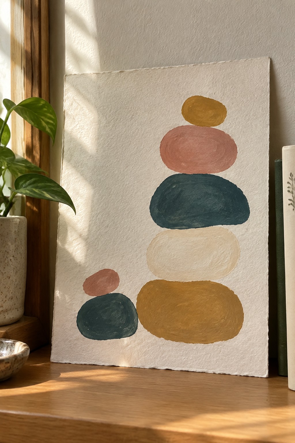 Abstract painting of stacked colorful ovals in mustard, pink, teal, and beige on textured paper