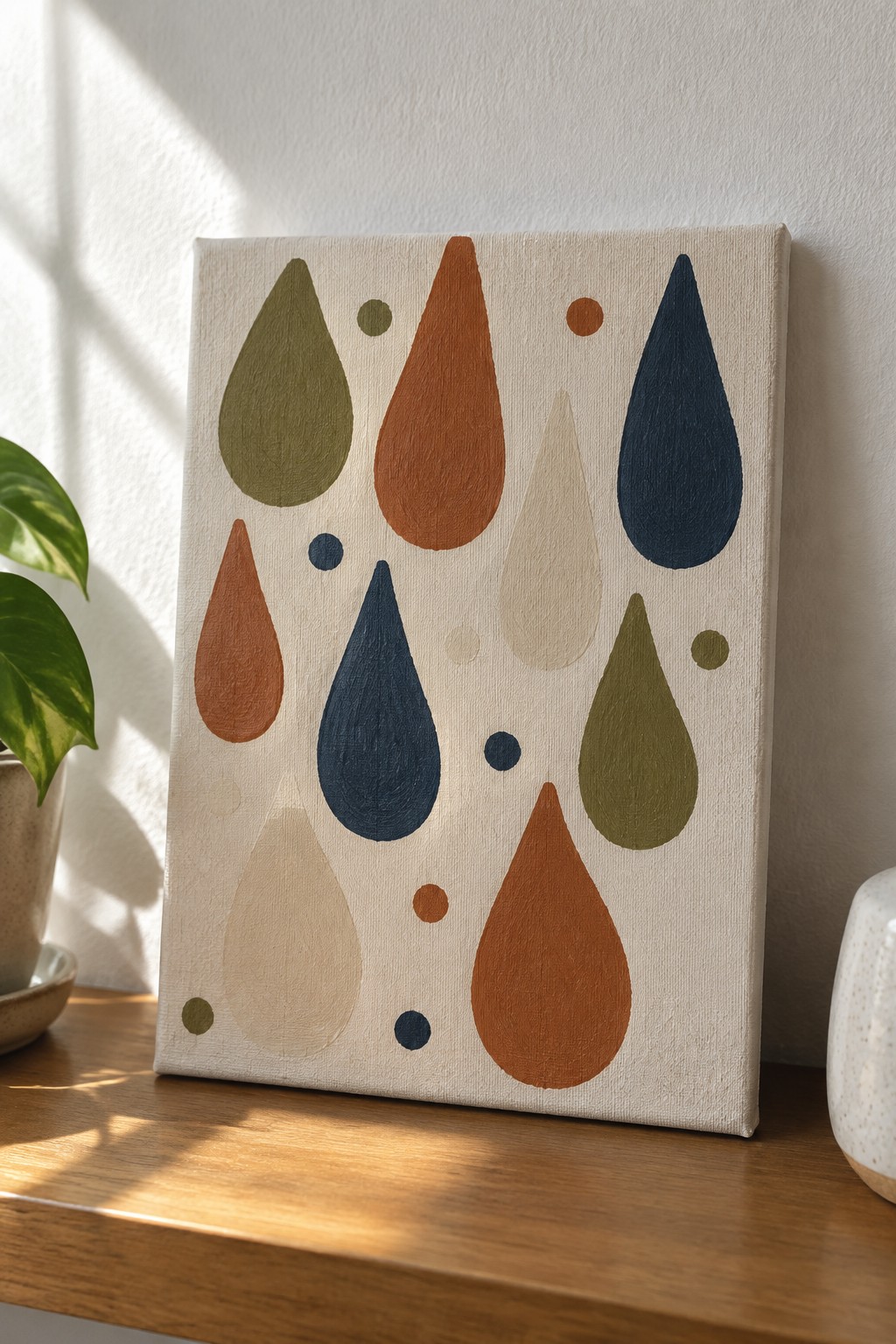 Abstract painting with colorful teardrop shapes on canvas beside potted plant on wooden shelf