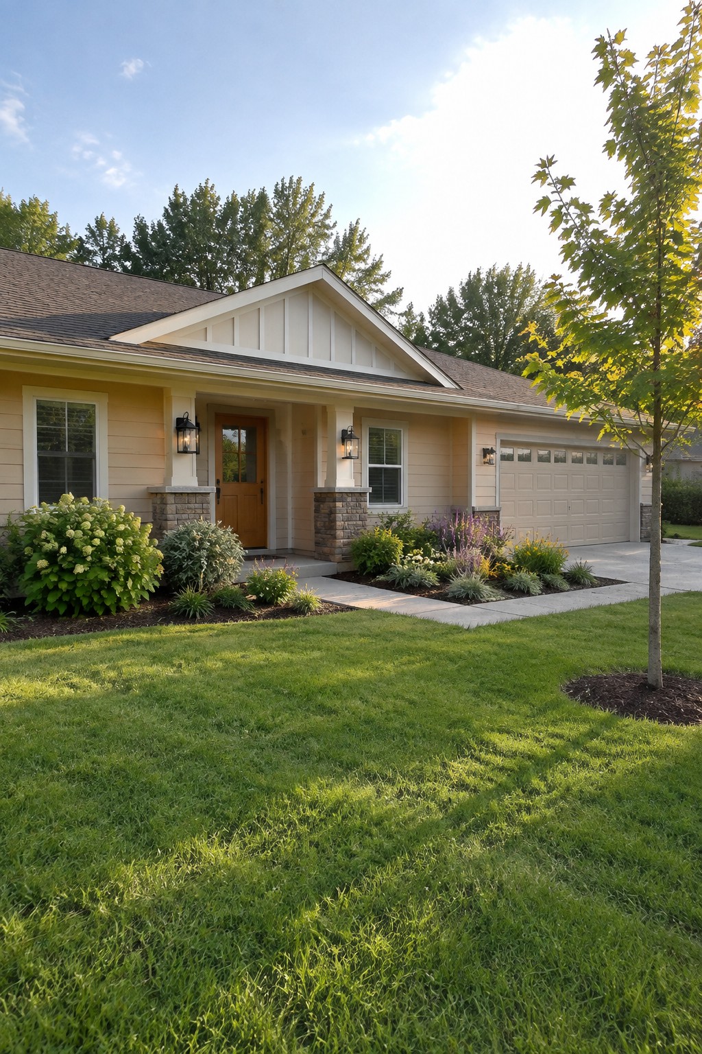 Ranch home exterior with soft warm beige siding and stone accents on the porch columns.