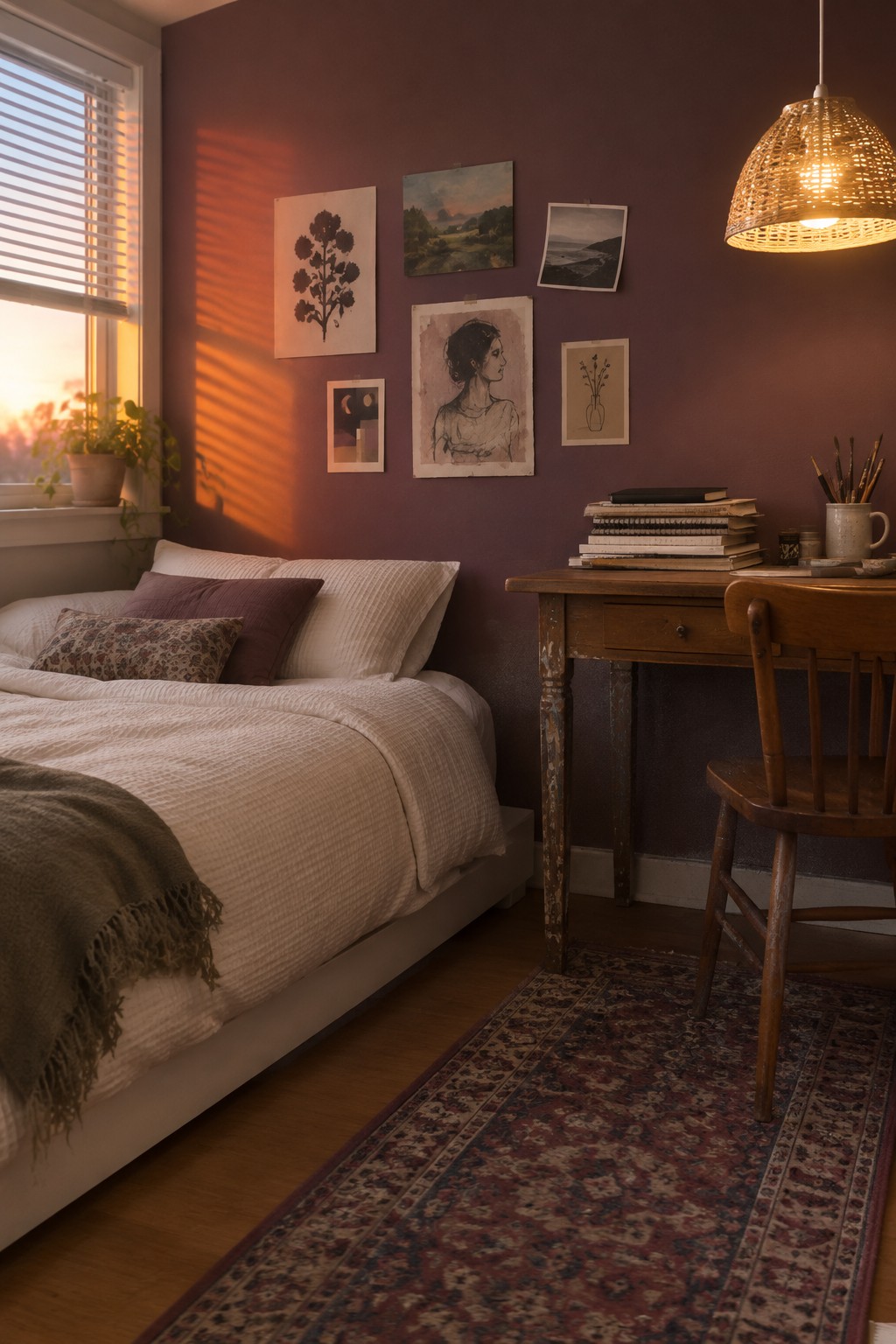 A teen bedroom with deep purple walls and warm wood furniture.