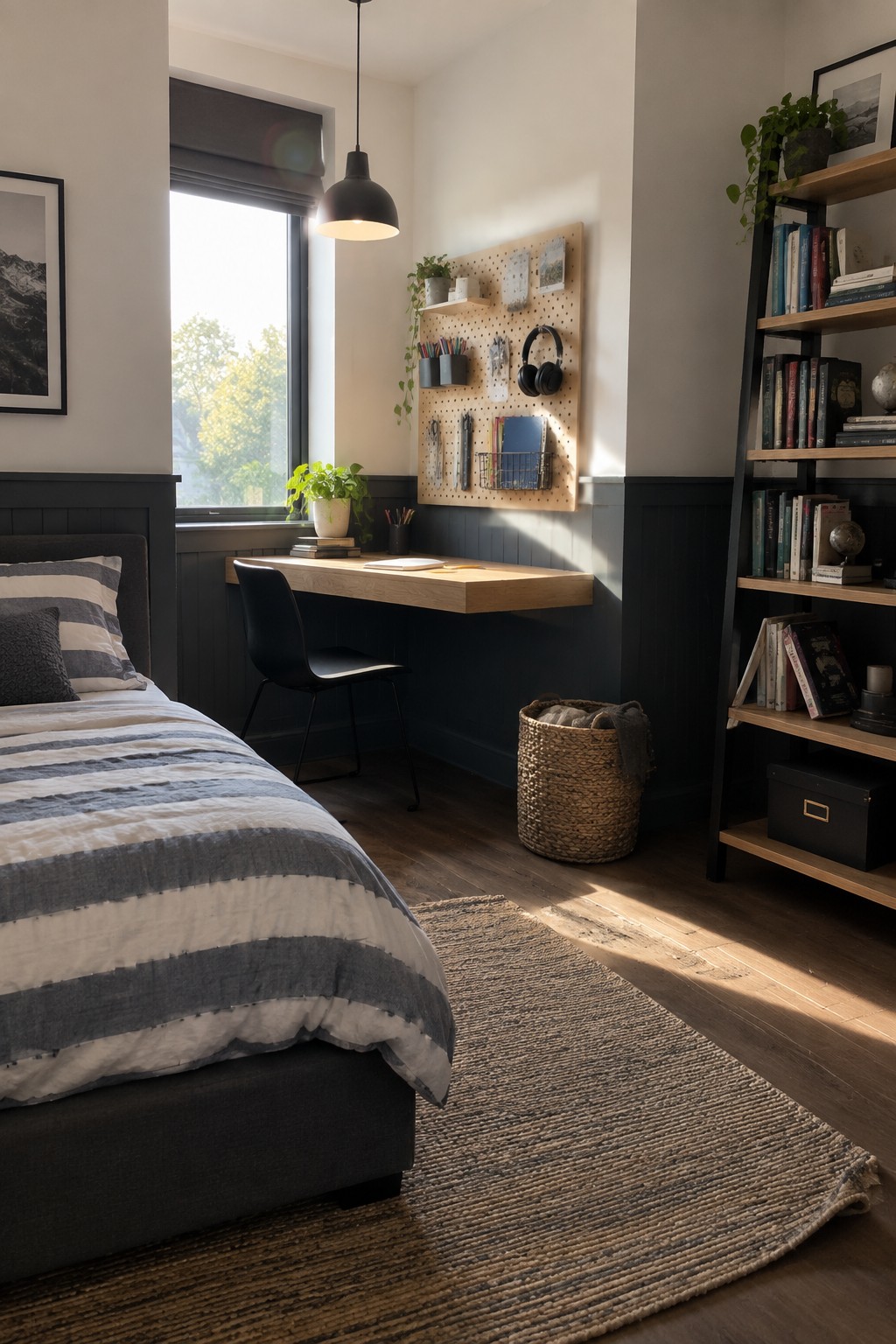 A teen bedroom featuring deep navy wainscoting on the lower walls paired with a light wood floating desk.
