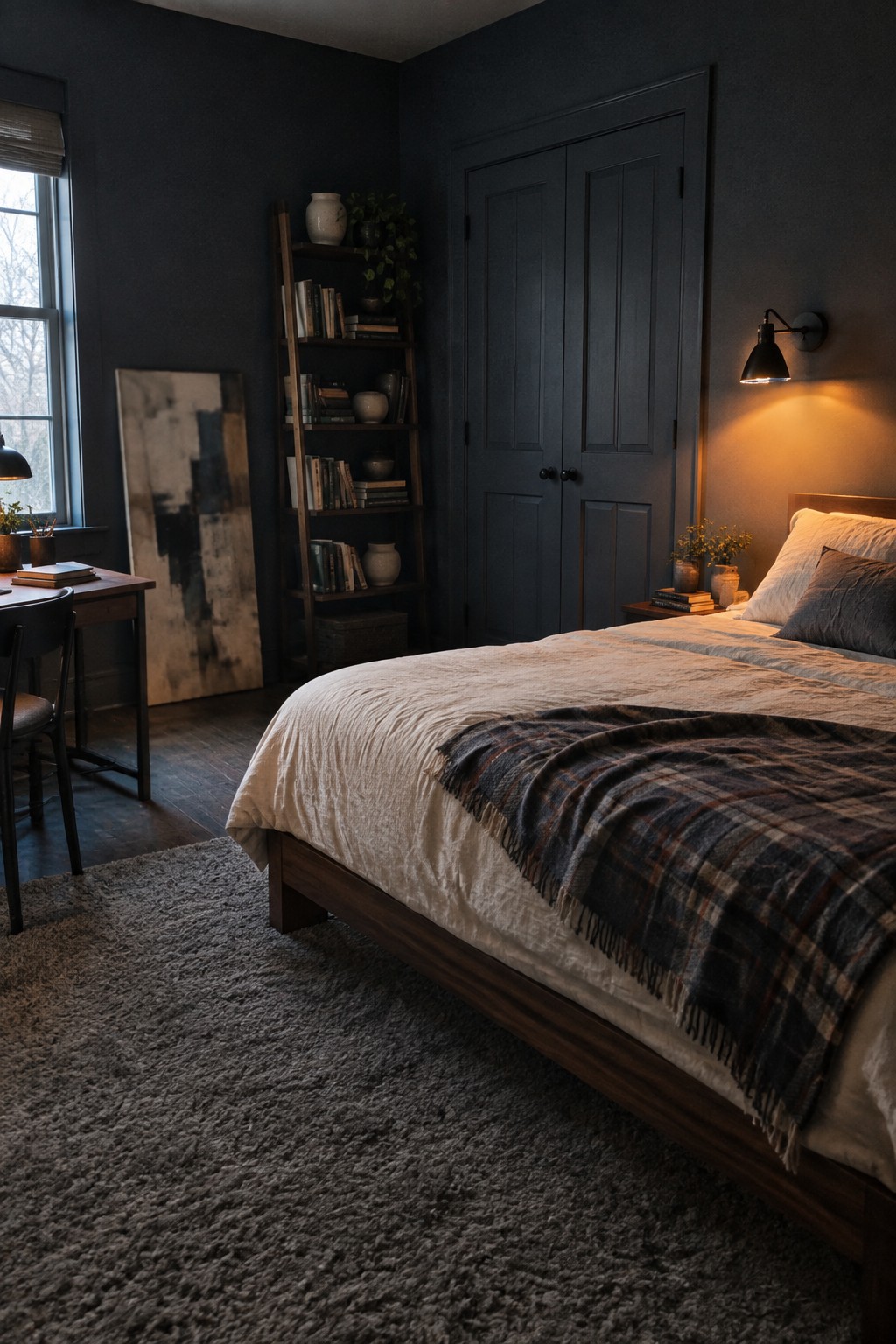 A bedroom with deep navy walls and a wooden bed frame on a gray rug.