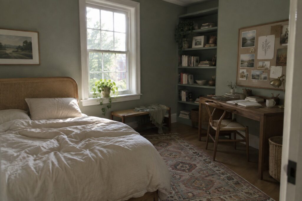 A bedroom with soft sage green walls and warm wood furniture.