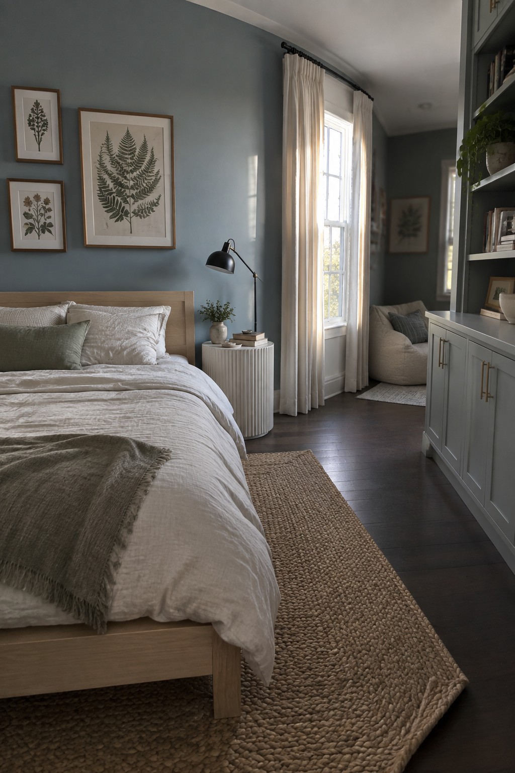 Muted blue-gray walls in a bedroom with light wood furniture.