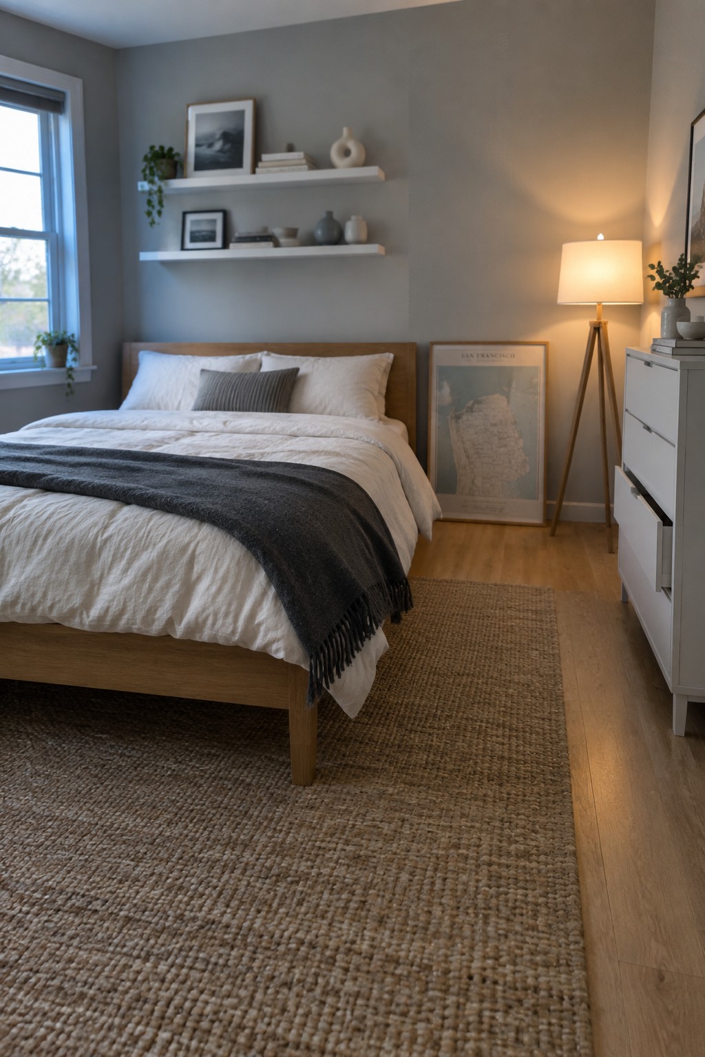 Light cool gray walls in a teen bedroom with wood furniture and layered bedding.