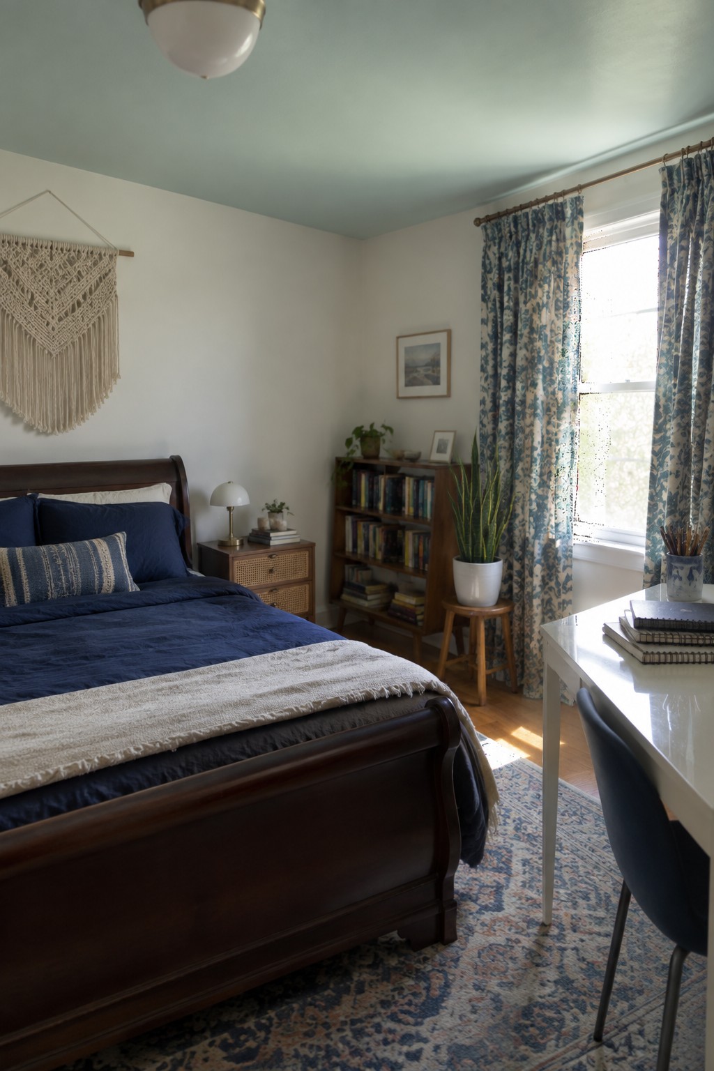 Light sage green painted across the walls and ceiling of a bedroom with dark wood furniture.