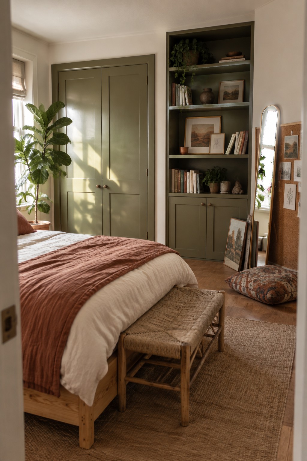 Cozy bedroom with wooden bed, rust linens, woven bench, and green built-in shelves.