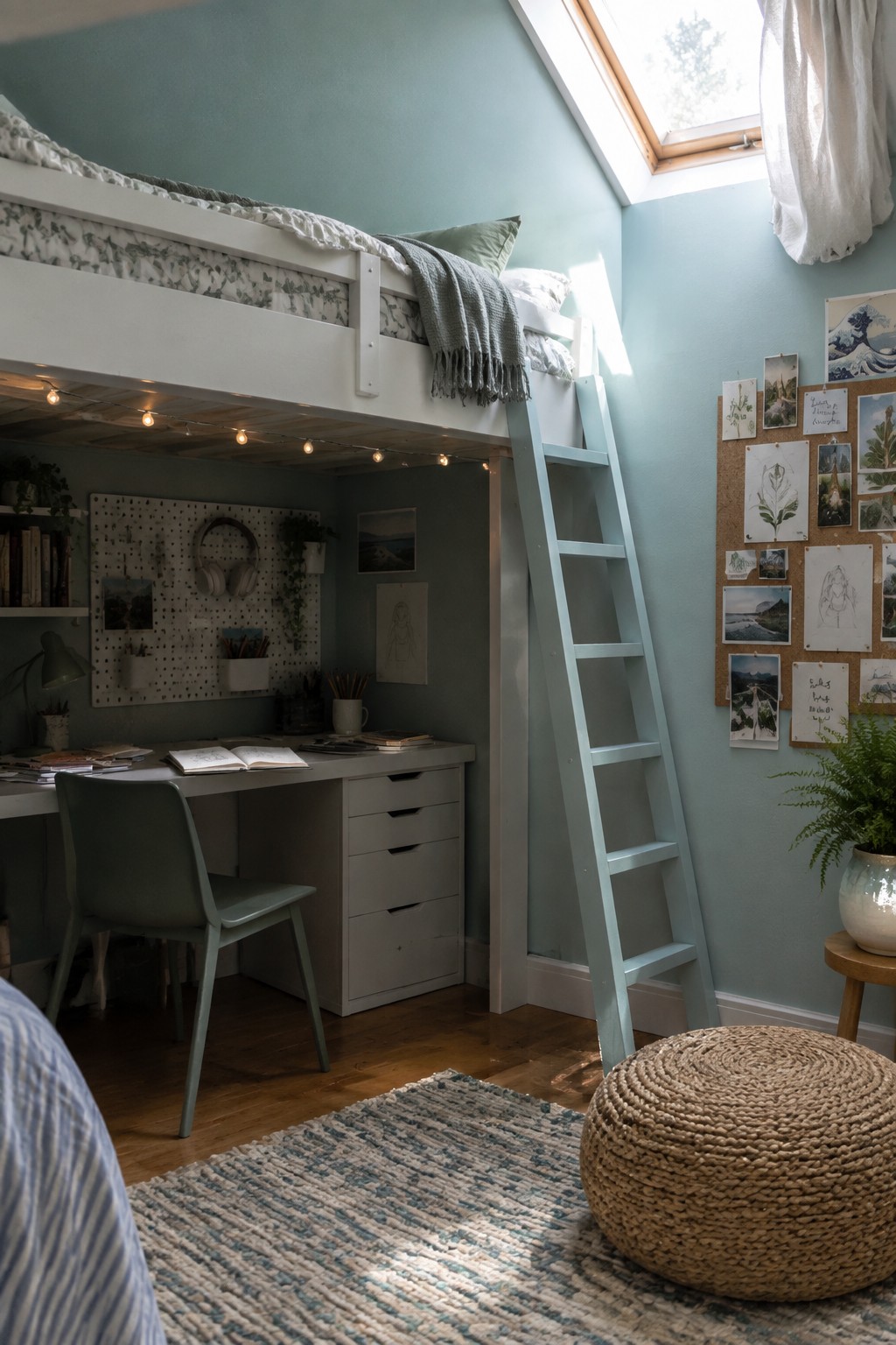 Cozy loft bedroom with white bed, light blue ladder, desk, and woven pouf