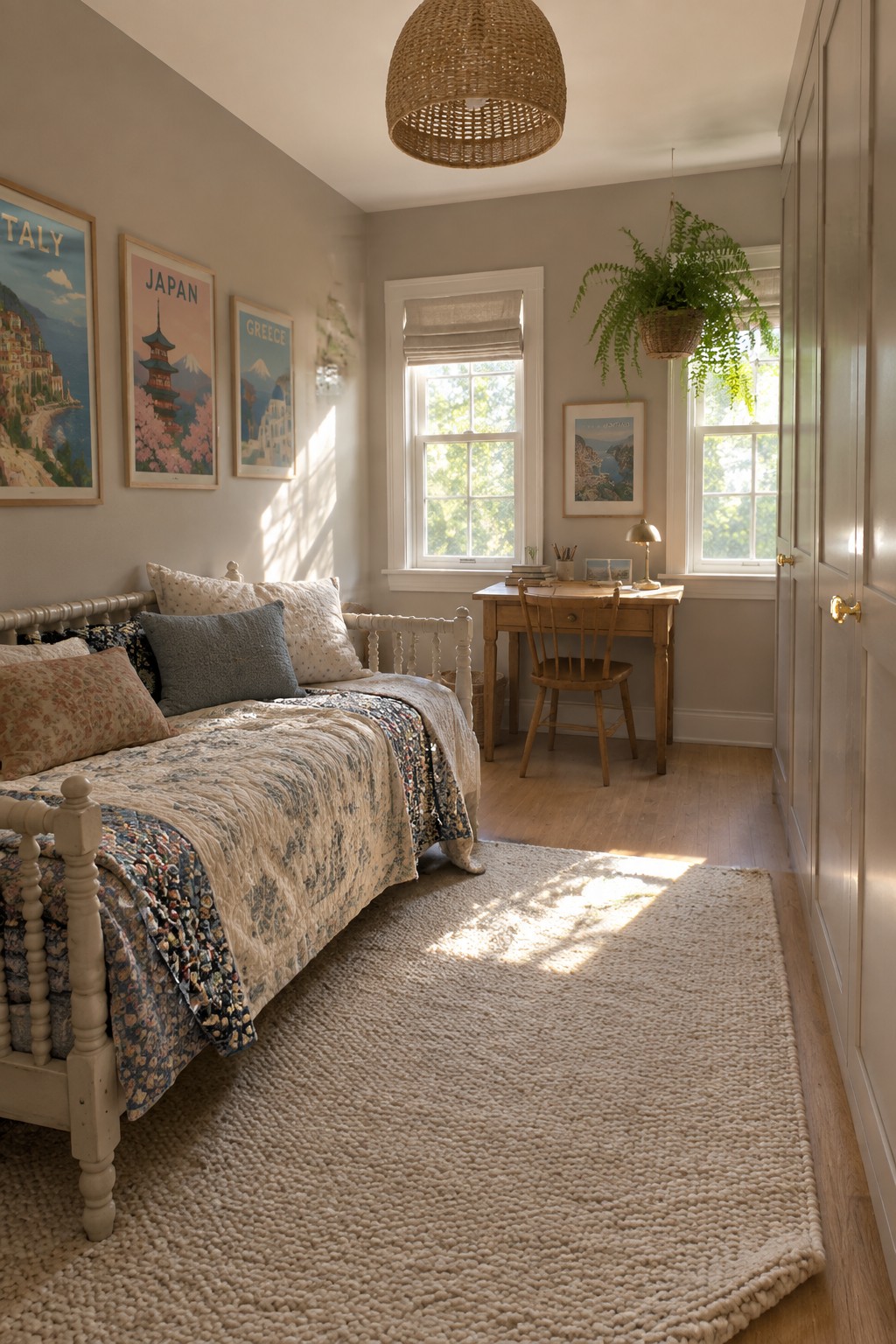 A teen bedroom with soft greige walls and white trim.