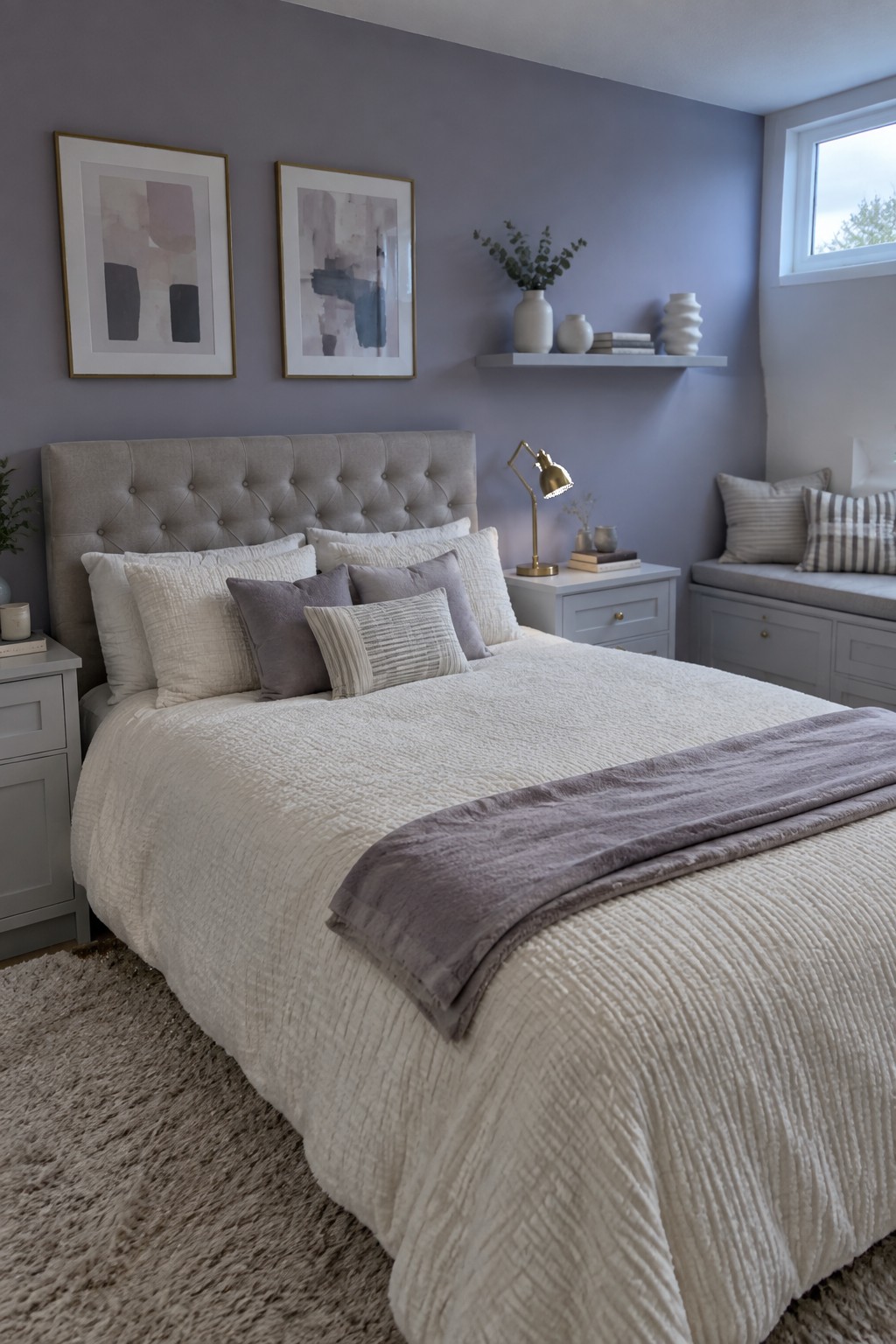 Bedroom walls painted in a soft lavender gray with neutral bedding and simple decor.