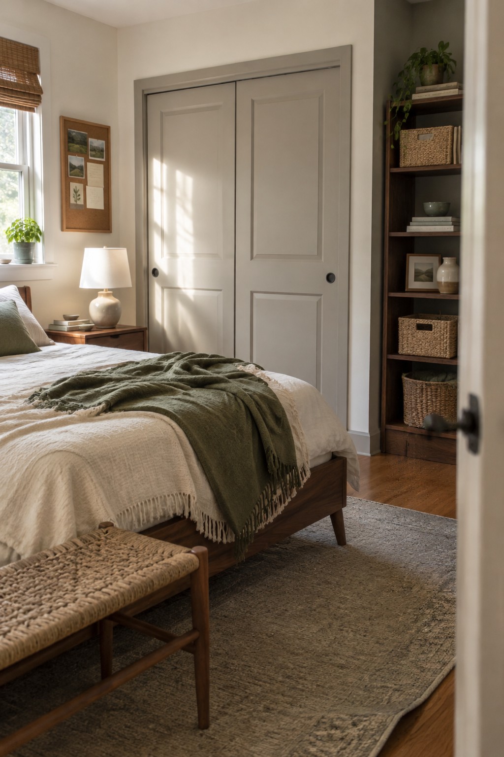 Cozy bedroom with wooden bed, green throw blanket, woven bench, and built-in shelves