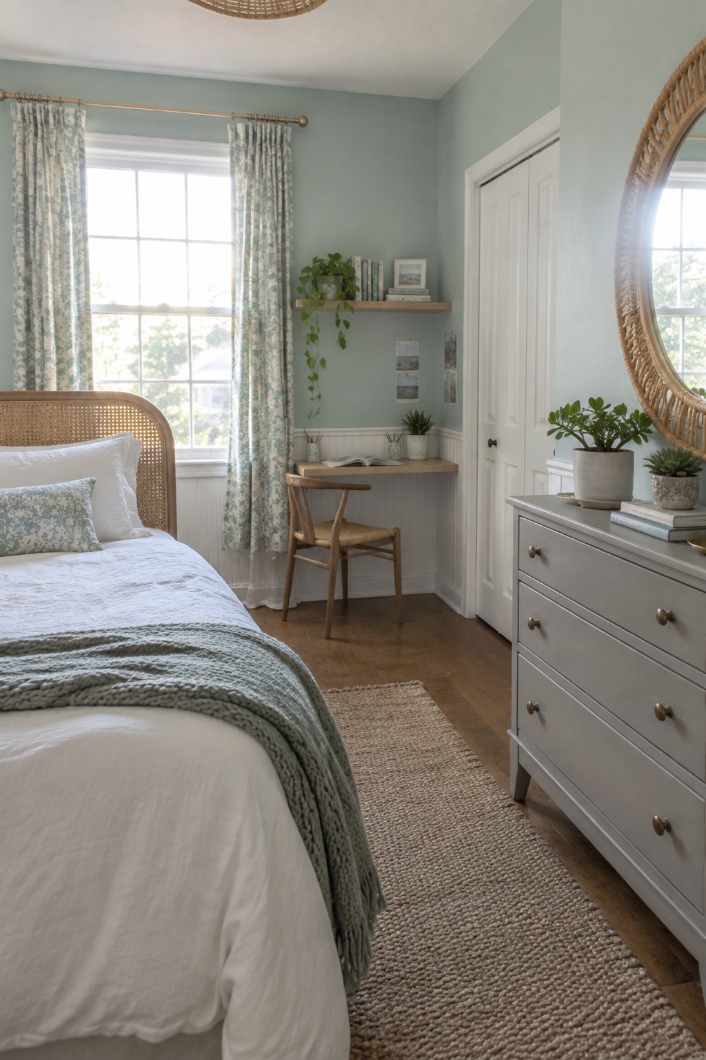A teen bedroom with soft sage green walls painted above white wainscoting.