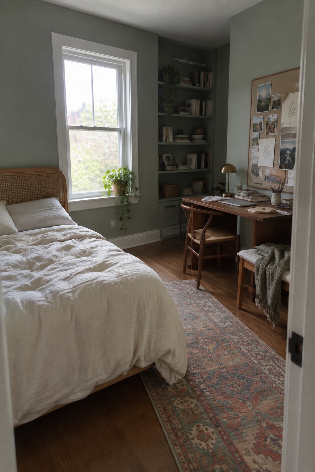 A bedroom with soft sage green walls and warm wood furniture.