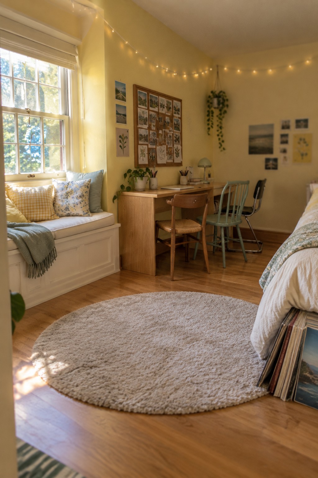 Soft yellow walls in a teen bedroom with wood flooring and a window seat.