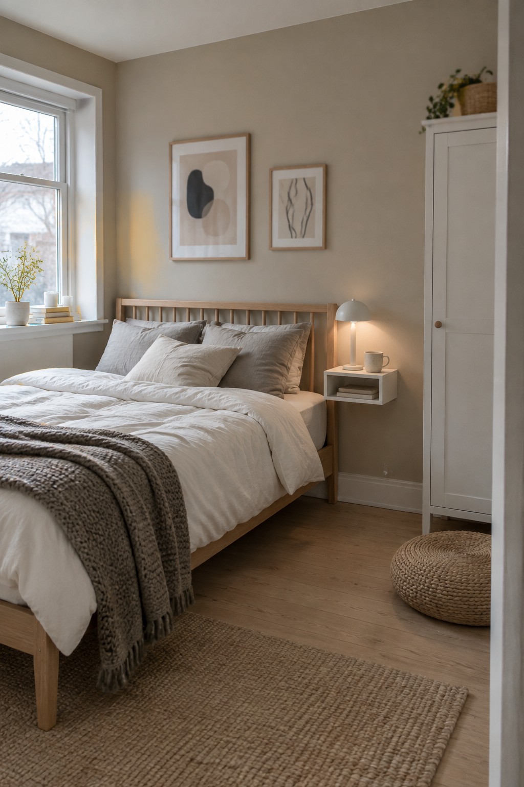 A teen bedroom with soft warm beige walls and light wood furniture.
