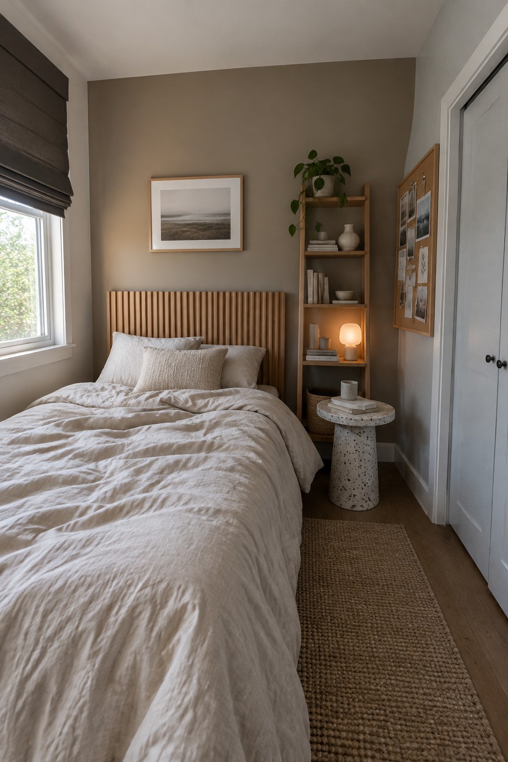 Modern bedroom with white bedding, fluted wood headboard, tall shelves, side table, and woven rug.