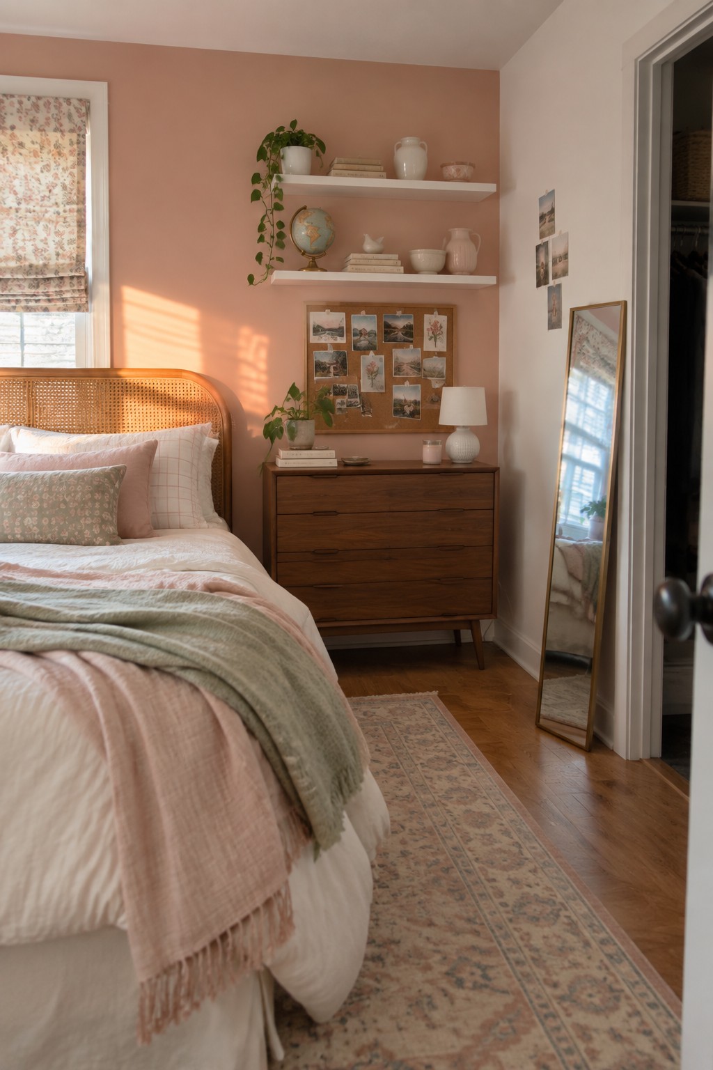 A teen bedroom with soft peach walls and wooden furniture.