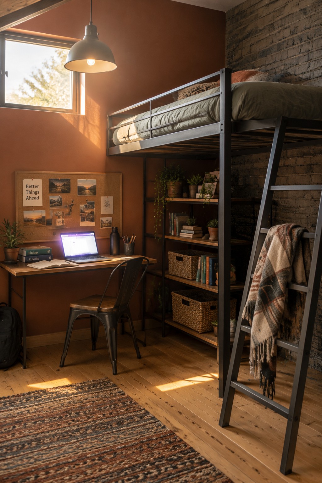 A teen bedroom with warm terracotta walls, a metal loft bed, and a wood desk area.
