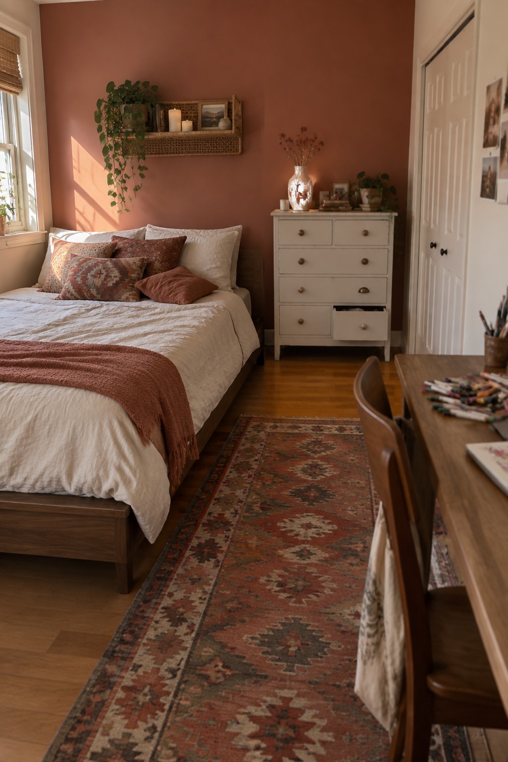 A bedroom with warm terracotta walls and wood furniture.