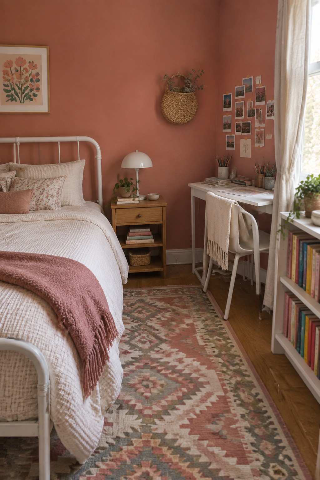 A teen bedroom with warm terracotta walls and white trim.