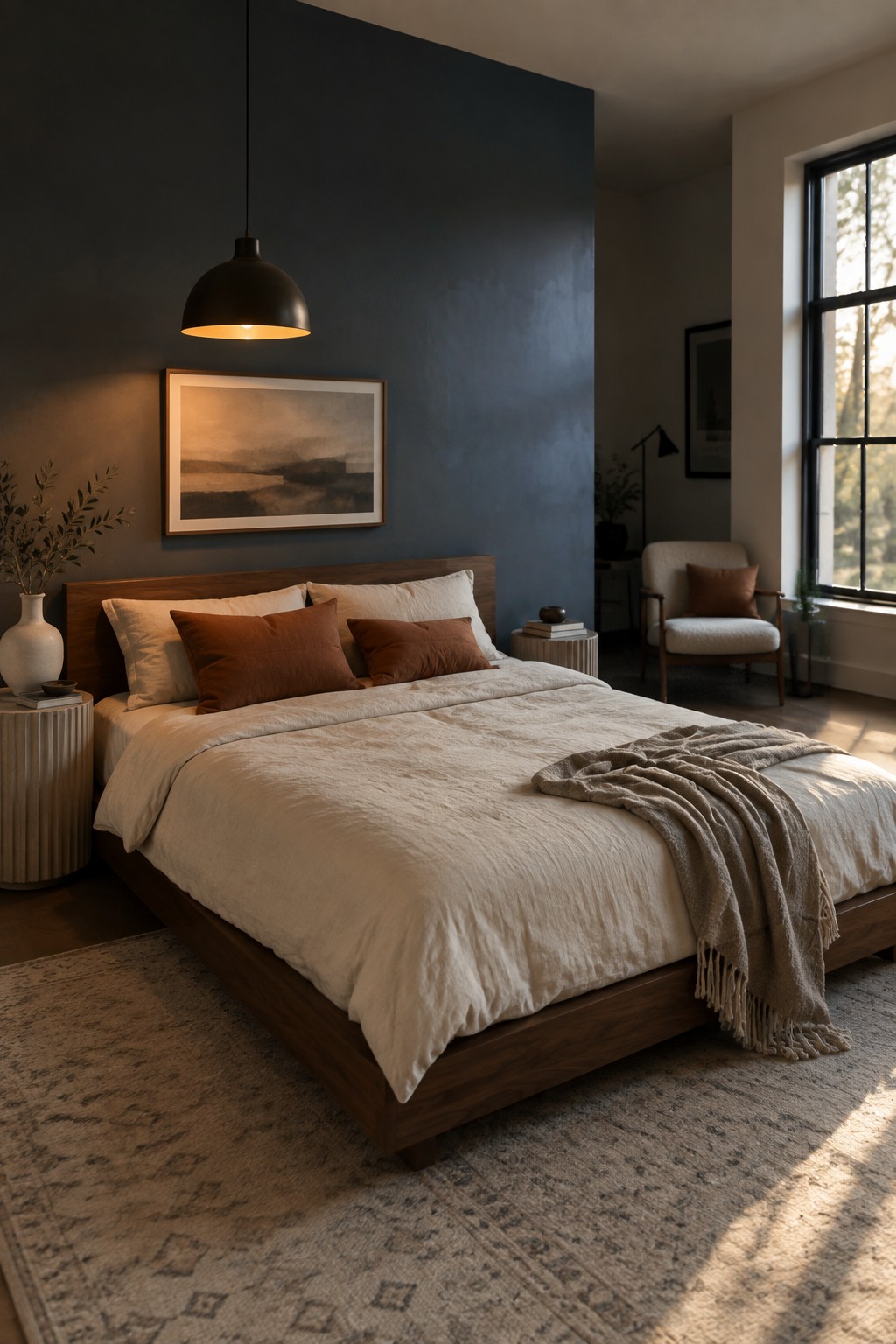 A bedroom featuring deep charcoal walls paired with a wooden bed frame.
