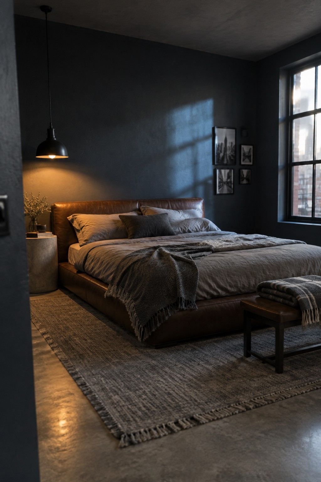 A bedroom with deep charcoal gray walls, a brown leather bed frame, and a concrete floor.
