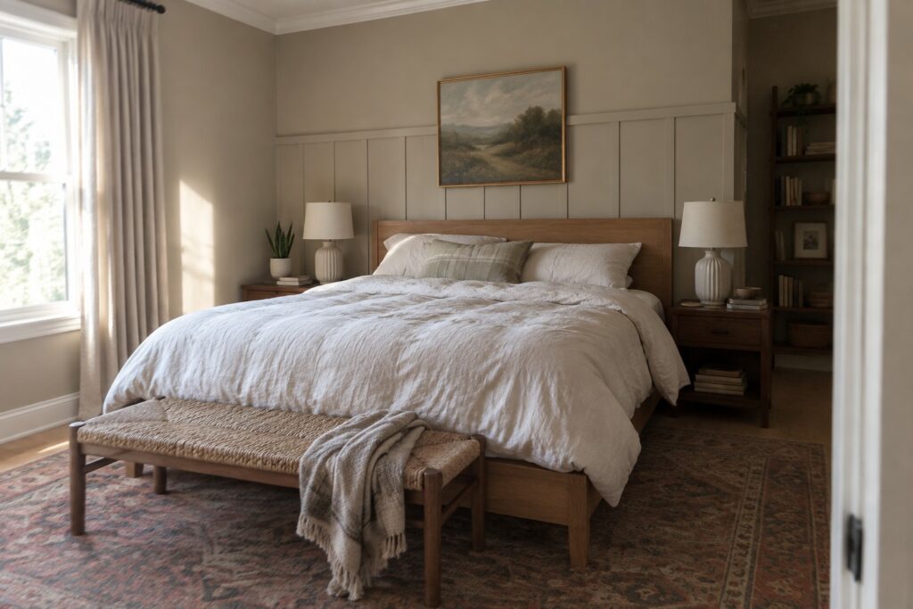 Light warm greige walls in a bedroom with wood furniture and white bedding.