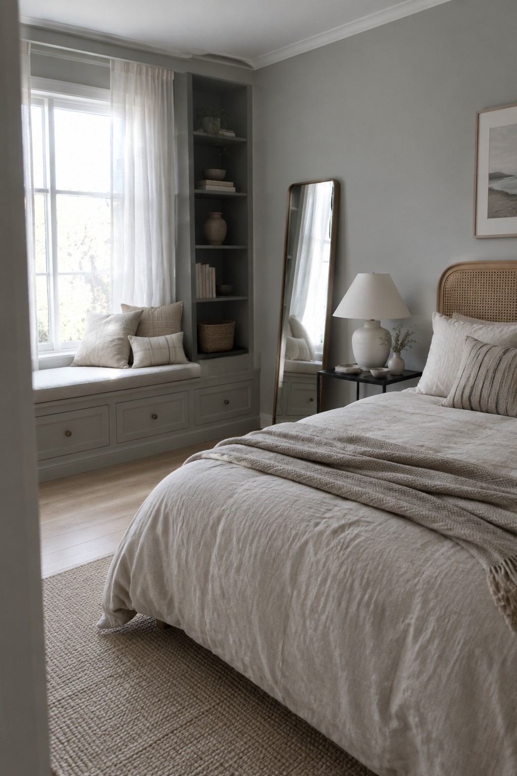 Light greige walls and built-in shelves in a bright bedroom with a window seat.
