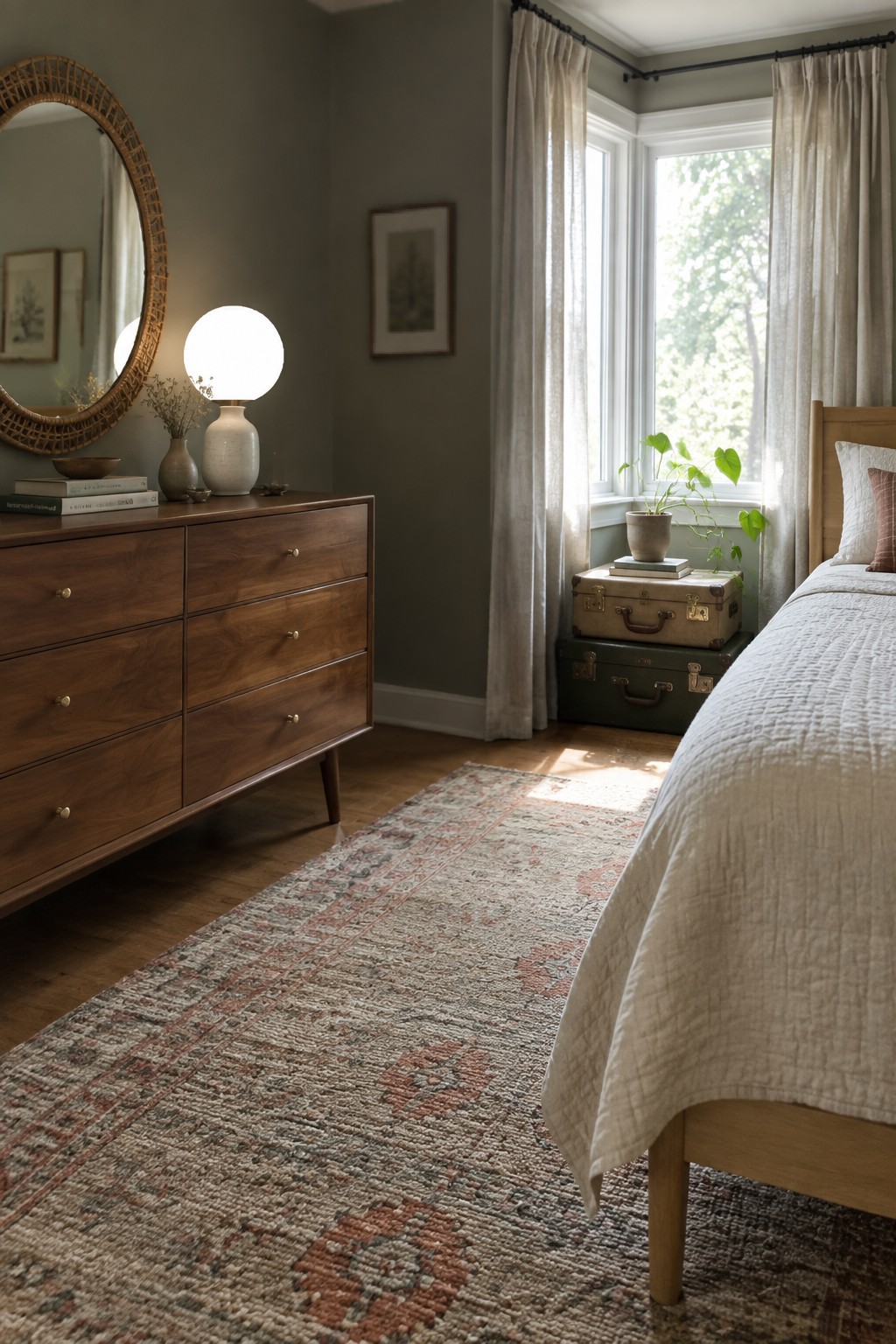 Muted greige walls in a bedroom with warm wood furniture and natural daylight.
