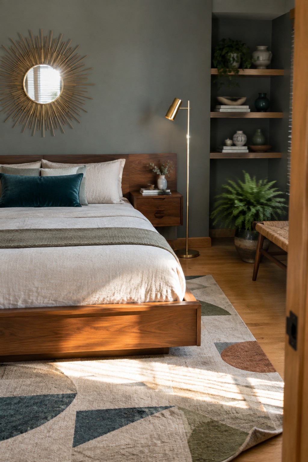 Bedroom walls painted in a soft muted greige with warm wood furniture and bedding.