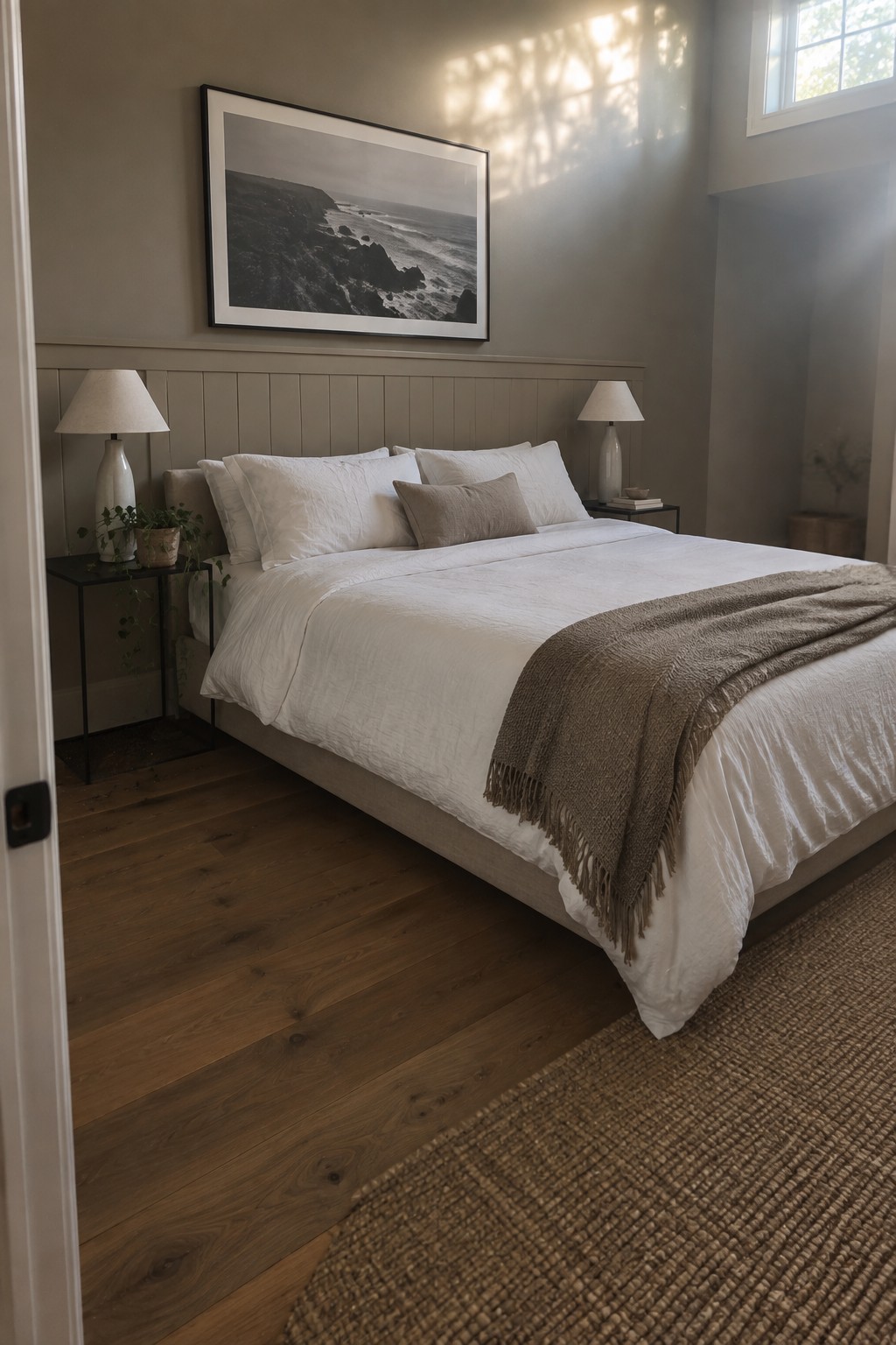Bedroom walls painted in a soft warm greige above light paneling.