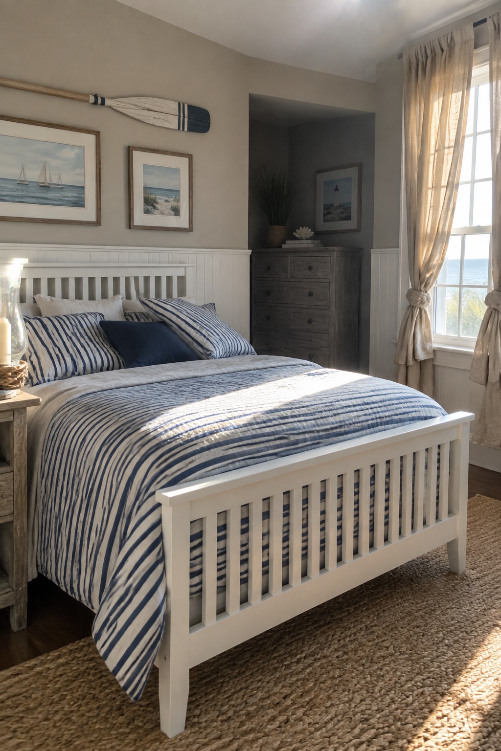 Sunlit coastal bedroom with white bed, blue striped bedding, and nautical decor