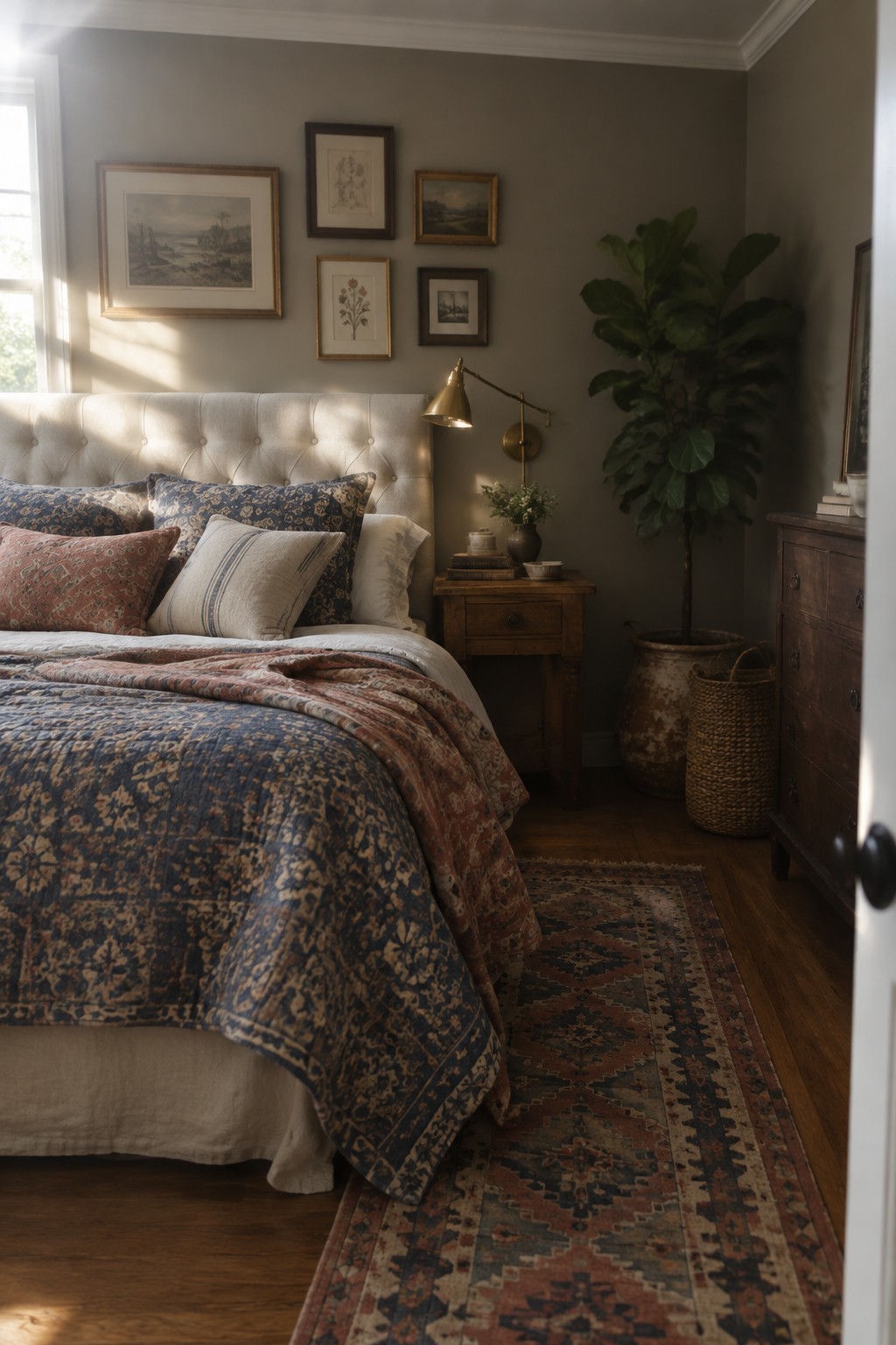 Cozy bedroom with tufted headboard, patterned quilt, gallery wall art, and potted plant.
