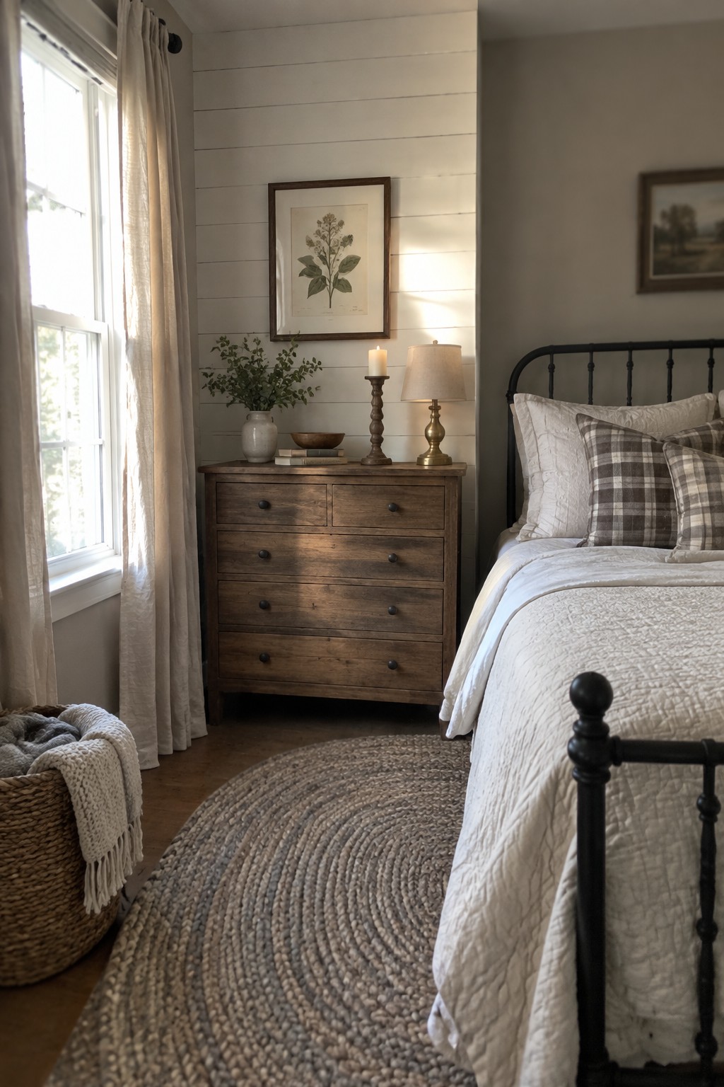 Cozy bedroom with wooden dresser, black bed frame, round woven rug, and soft window light.