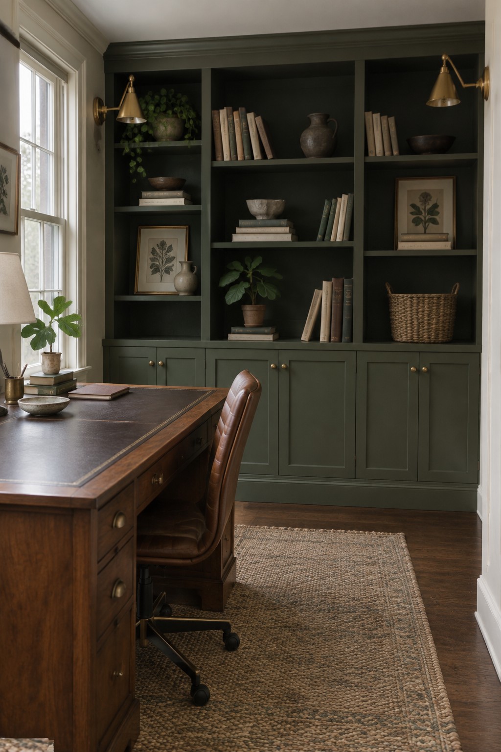 Built-in bookshelves and cabinets painted in deep forest green inside a home office.