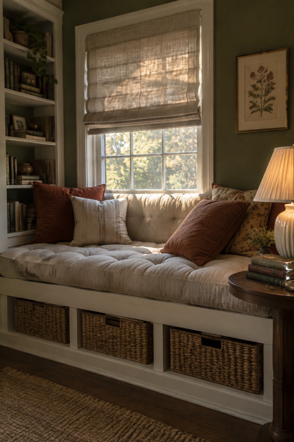Cozy built-in window seat with deep green walls and white trim.
