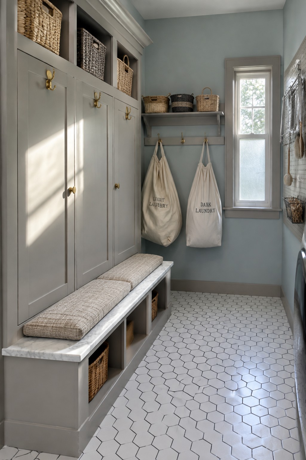 Laundry room with built-in cabinetry painted a soft gray-green and a white marble bench.