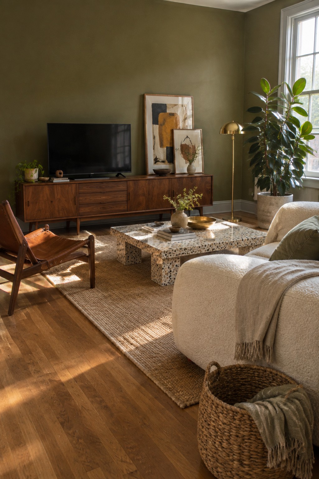 Olive green walls in a living room with wood furniture and flooring.