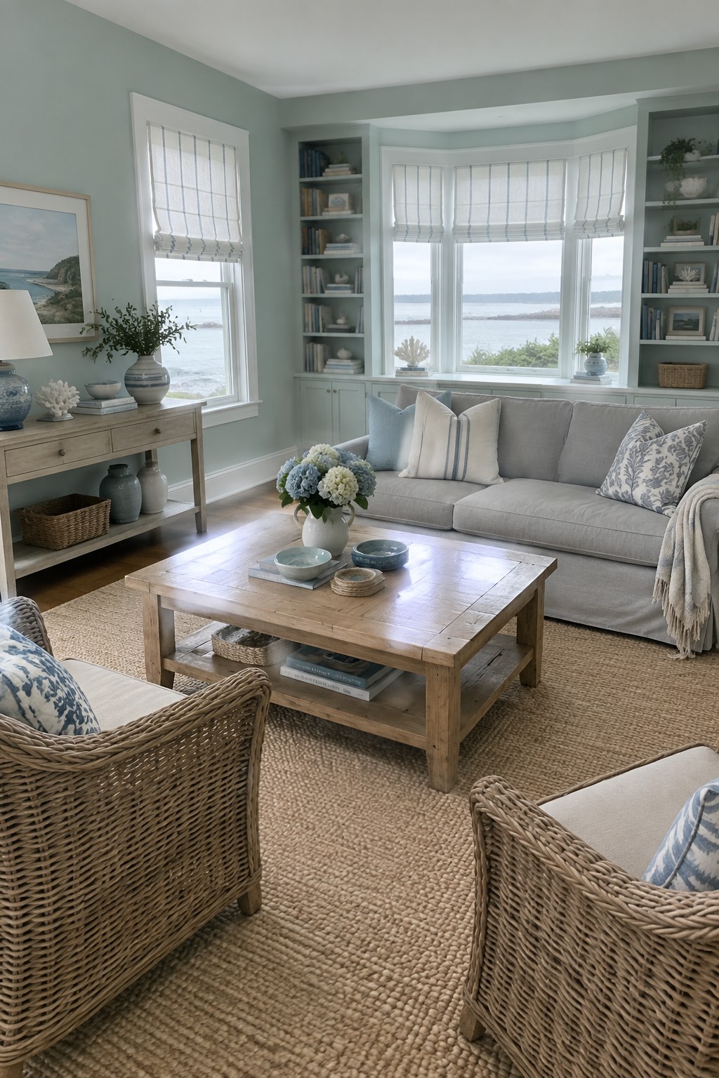 Light sage green walls and built-in shelves with white trim in a coastal living room.